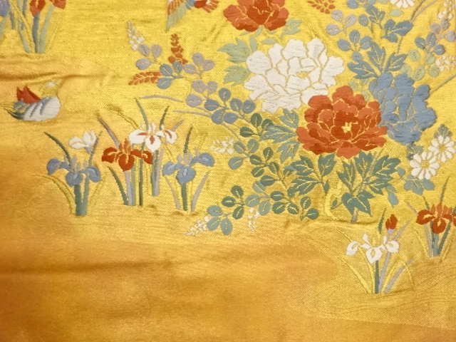  引箔鴛鴦に草花模様織出し名古屋帯